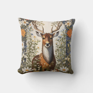 Deer Amid Daisy Flowers Throw Pillow