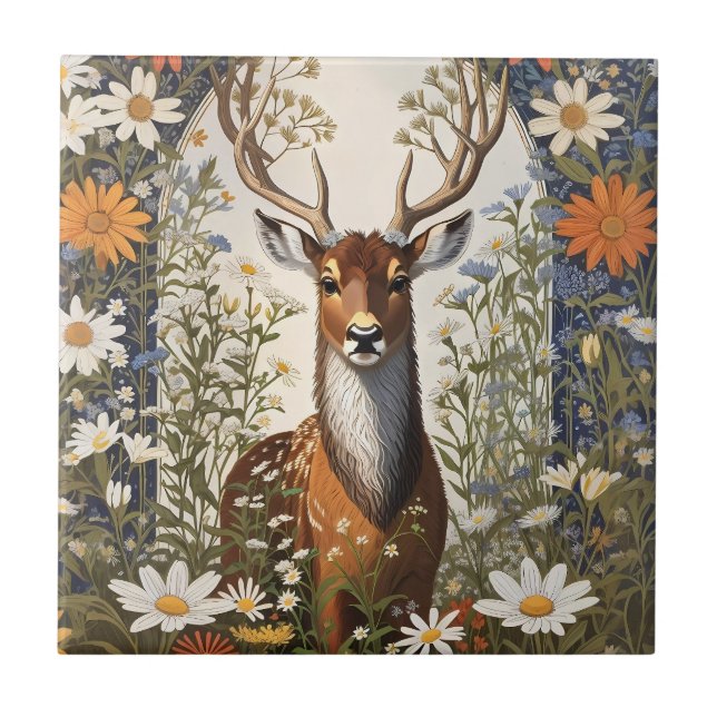 Deer Amid Daisy Flowers  Tile (Front)