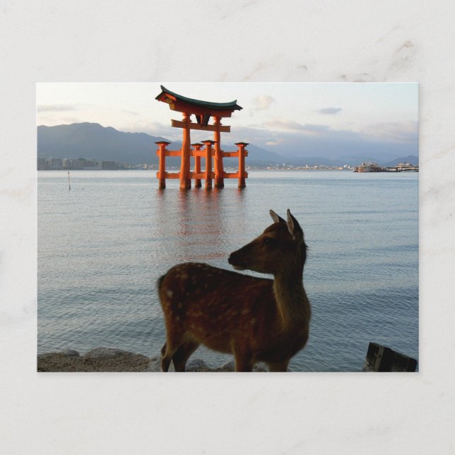 Deer and Big Red Gate at Miyajima in Japan Postcard (Front)