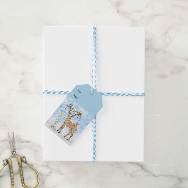 Deer and Bird Christmas Gift Tag (With Twine)