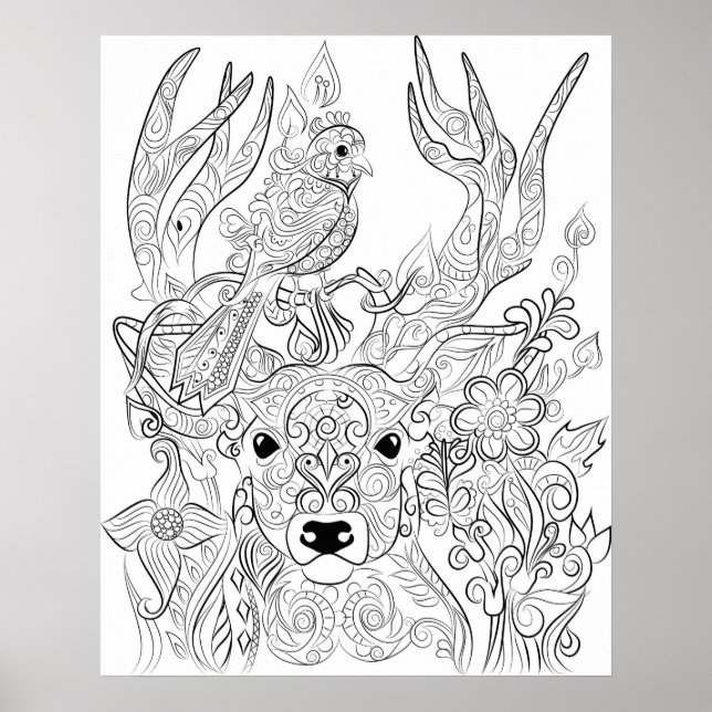 Deer and Bird drawing adult colouring poster (Front)