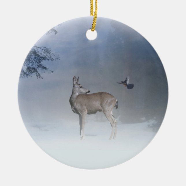 Deer and Blue Jay in the Snow Nature Xmas Ceramic Ornament (Front)