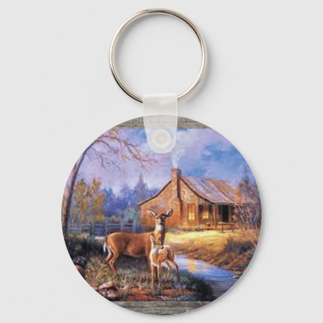 Deer and Cabin on a Keychain (Front)