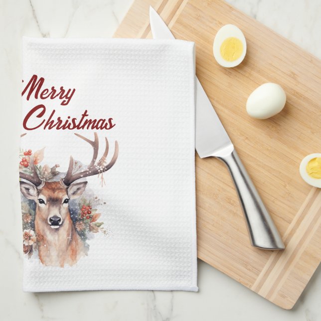 Deer and Christmas Lantern Kitchen Towel (Quarter Fold)