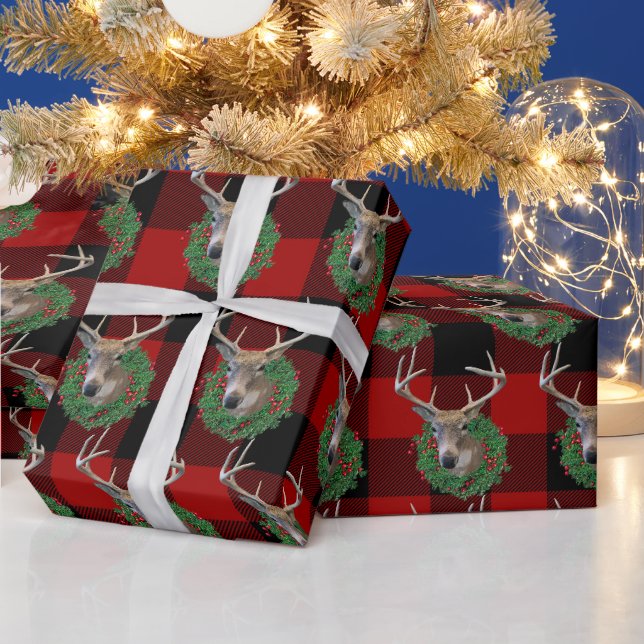 Deer and Christmas Wreath On Plaid Wrapping Paper (Holidays)
