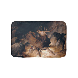 Deer and Dogs in a Torrential Mountain River Bath Mat