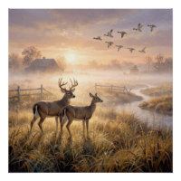 Deer and Ducks in Morning Mist