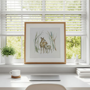 Deer and Fawn Watercolor Wall Art Poster