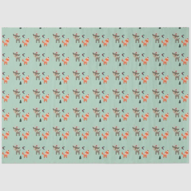 Deer And Fox In Santa Hats Whimsical Christmas Tissue Paper (Front)