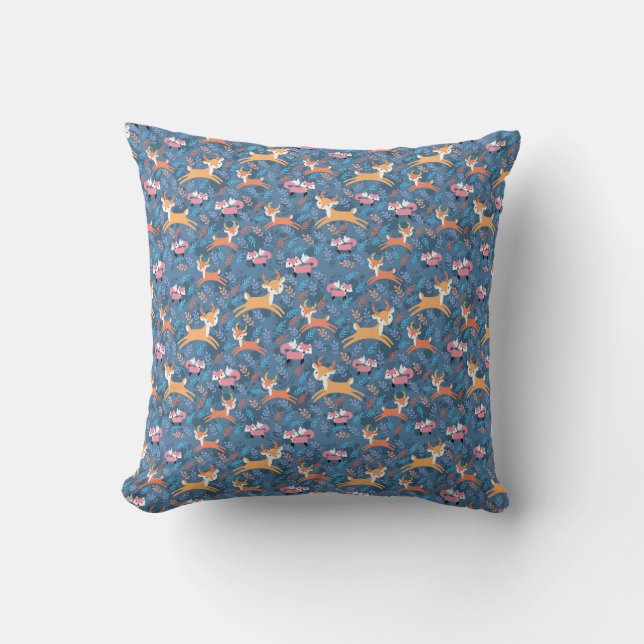 Deer And Fox Pattern Throw Pillow (Front)