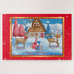 Deer and Gifts on Holiday Evening Customize Jigsaw Puzzle