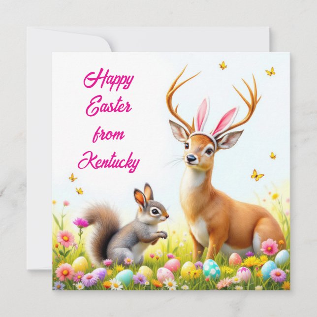 Deer and Grey Squirrel with Rabbit Ears Holiday Card (Front)