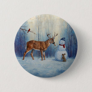 Deer and Happy Snowman Winter Holiday Scene 2 Inch Round Button