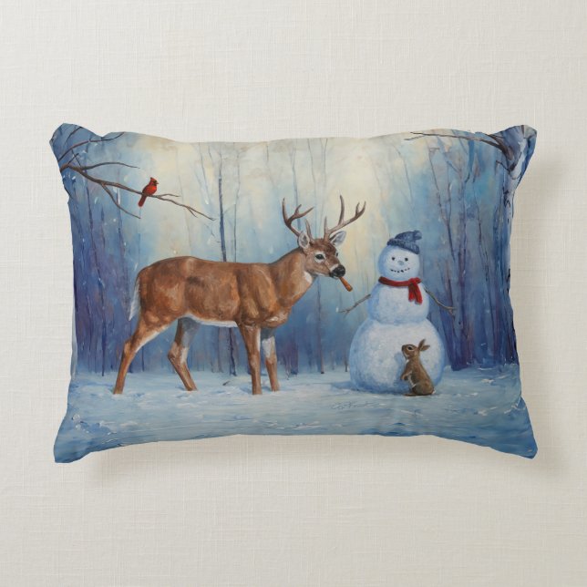 Deer and Happy Snowman Winter Holiday Scene Accent Pillow (Front)