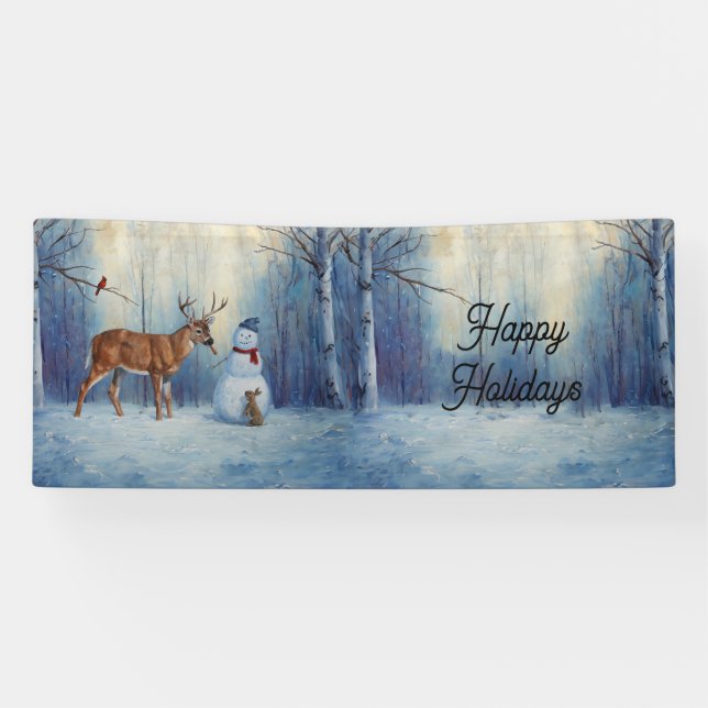 Deer and Happy Snowman Winter Holiday Scene Banner (Horizontal)
