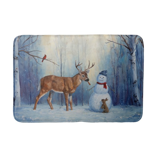 Deer and Happy Snowman Winter Holiday Scene Bath Mat (Front)