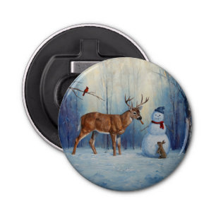 Deer and Happy Snowman Winter Holiday Scene Bottle Opener