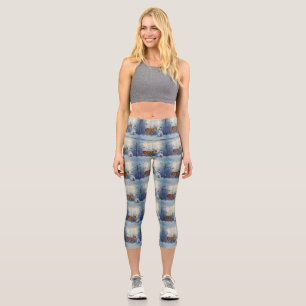 Deer and Happy Snowman Winter Holiday Scene Capri Leggings