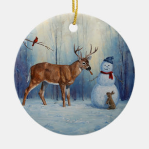 Deer and Happy Snowman Winter Holiday Scene Ceramic Ornament