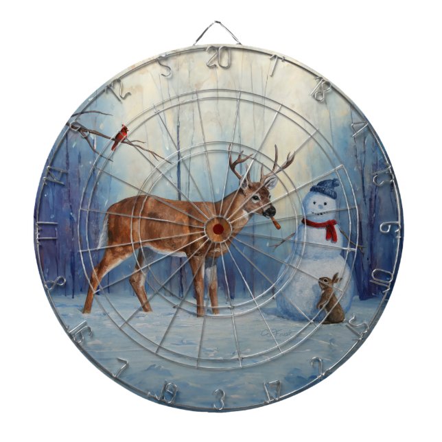 Deer and Happy Snowman Winter Holiday Scene Dartboard (Front)