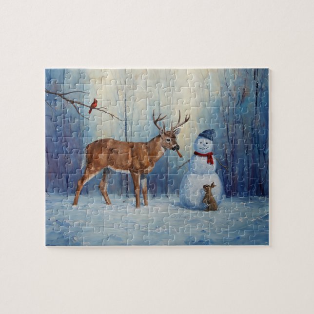 Deer and Happy Snowman Winter Holiday Scene Jigsaw Puzzle (Horizontal)