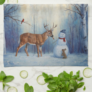 Deer and Happy Snowman Winter Holiday Scene Kitchen Towel