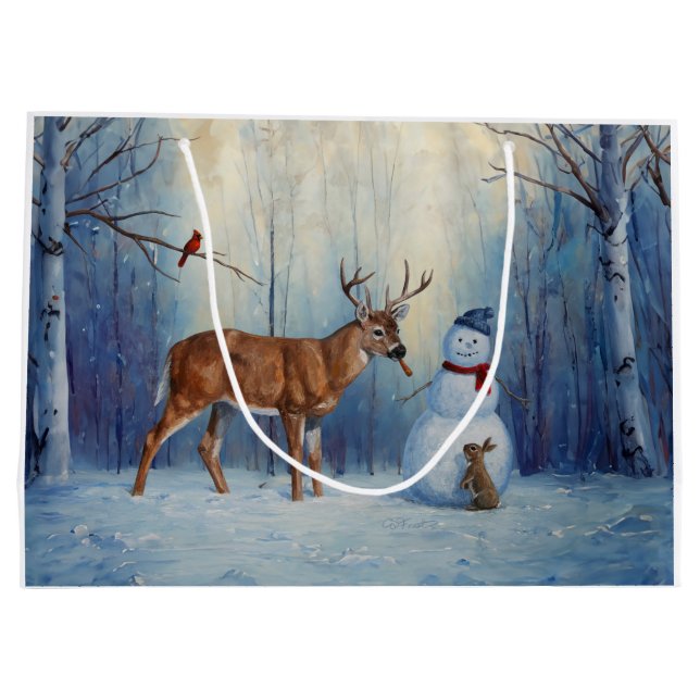 Deer and Happy Snowman Winter Holiday Scene Large Gift Bag (Back)