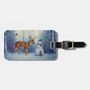 Deer and Happy Snowman Winter Holiday Scene Luggage Tag