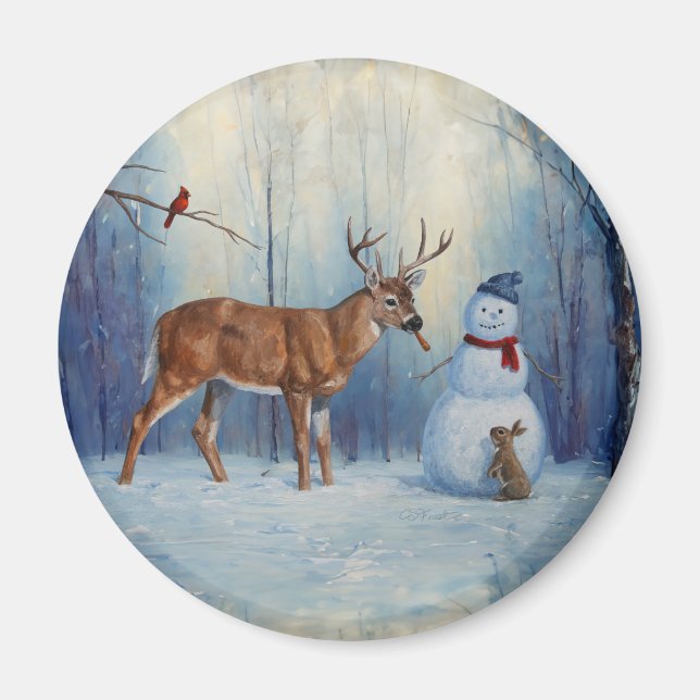 Deer and Happy Snowman Winter Holiday Scene Magnet (Front)