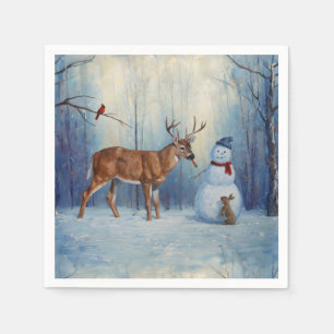 Deer and Happy Snowman Winter Holiday Scene Napkin