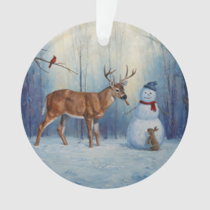 Deer and Happy Snowman Winter Holiday Scene Ornament