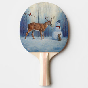 Deer and Happy Snowman Winter Holiday Scene Ping Pong Paddle