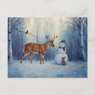 Deer and Happy Snowman Winter Holiday Scene Postcard
