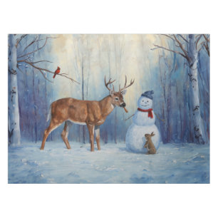 Deer and Happy Snowman Winter Holiday Scene Tablecloth