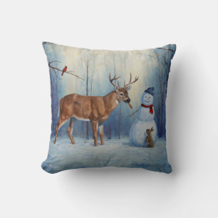 Deer and Happy Snowman Winter Holiday Scene Throw Pillow