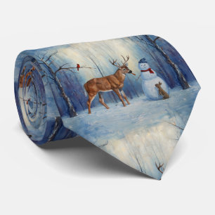 Deer and Happy Snowman Winter Holiday Scene Tie