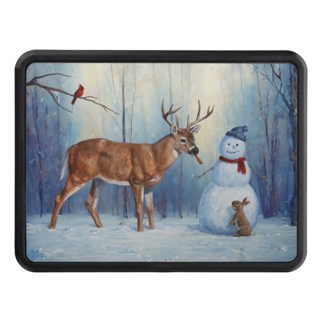 Deer and Happy Snowman Winter Holiday Scene Trailer Hitch Cover (Front)