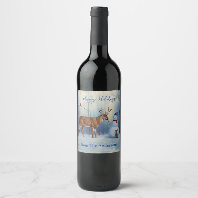 Deer and Happy Snowman Winter Holiday Scene Wine Label (Front)