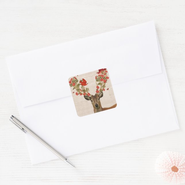 Deer and Love Birds Square Sticker (Envelope)