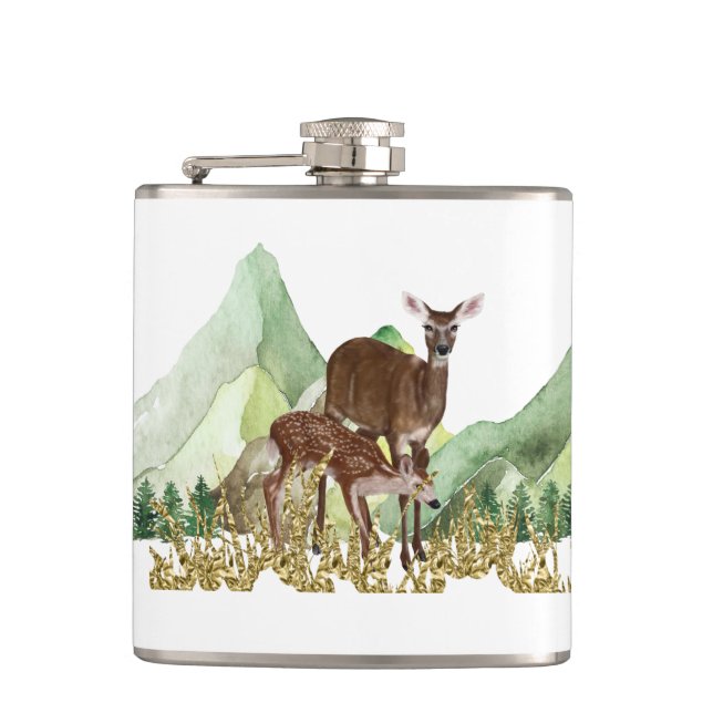 Deer and Mountains Vinyl Wrapped Flask (Front)