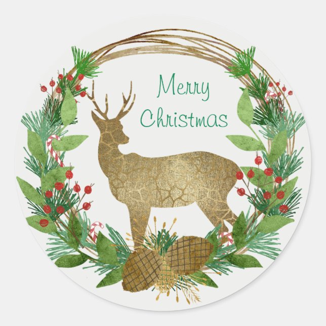 Deer and Pine Bough Merry Christmas Wreath Classic Round Sticker (Front)