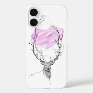 Deer and pink geometric heart drawing Animal art iPhone 16 Case