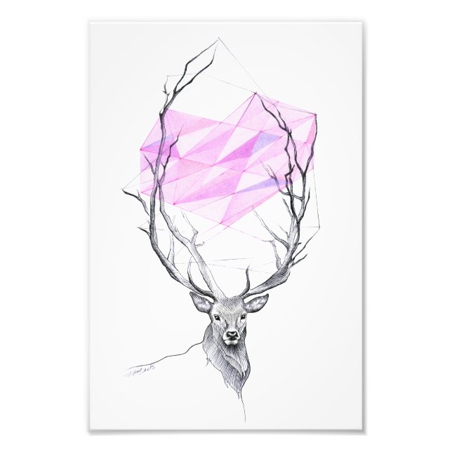 Deer and pink geometric heart drawing Animal art Photo Print (Front)