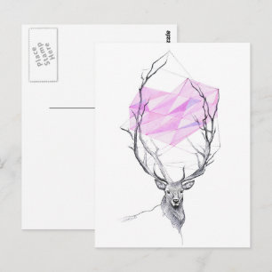 Deer and pink geometric heart drawing Animal art Postcard