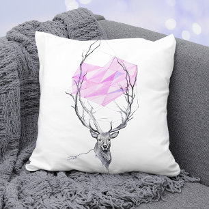 Deer and pink geometric heart drawing Animal art Throw Pillow