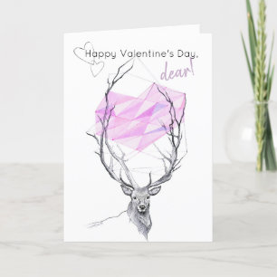 Deer and pink geometric heart Valentines day Holiday Card