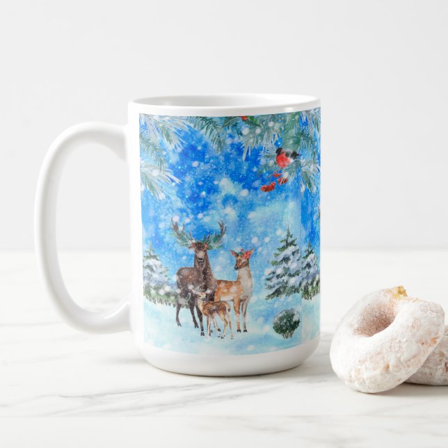 Deer And Robin Winter Wonderland Coffee Mug (With Donut)