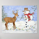 Deer and Snowman Friends - Christmas Poster/Print Poster<br><div class="desc">This print features a snowman and his deer friend decorating for Christmas. The image of the snowman and deer is taken from an original watercolor painting.</div>