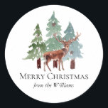Deer And Snowy Pine Christmas  Classic Round Sticker<br><div class="desc">Snowy pine trees and deer family name Christmas stickers. Customizable!</div>