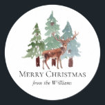 Deer And Snowy Pine Christmas  Classic Round Sticker<br><div class="desc">Snowy pine trees and deer family name Christmas stickers. Customizable!</div>